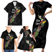 Kia Ora New Zealand Floral Personalized Family Matching Short Sleeve Bodycon Dress and Hawaiian Shirt Black LT7 - Polynesian Pride