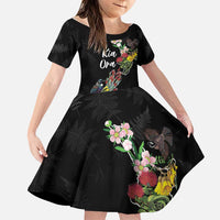 Kia Ora New Zealand Floral Personalized Family Matching Summer Maxi Dress and Hawaiian Shirt Black LT7 Daughter's Dress Black - Polynesian Pride