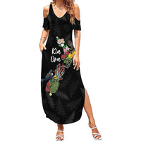 Kia Ora New Zealand Floral Personalized Family Matching Summer Maxi Dress and Hawaiian Shirt Black LT7 Mom's Dress Black - Polynesian Pride