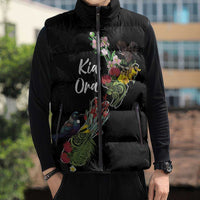 Kia Ora New Zealand Floral Personalized Sleeveless Puffer Jacket Black - Polynesian Pride