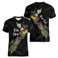 Kia Ora New Zealand Floral Personalized Women V-Neck T-Shirt Black LT7 - Polynesian Pride