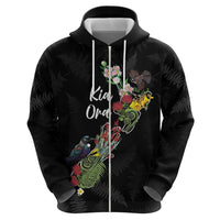 Kia Ora New Zealand Floral Personalized Zip Hoodie Black - Polynesian Pride