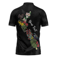 Kia Ora New Zealand Floral Personalized Zipper Polo Shirt Black - Polynesian Pride