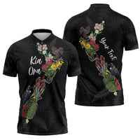 Kia Ora New Zealand Floral Personalized Zipper Polo Shirt Black - Polynesian Pride