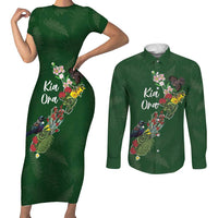 Kia Ora New Zealand Floral Personalized Couples Matching Short Sleeve Bodycon Dress and Long Sleeve Button Shirt Sage Green - Polynesian Pride