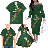 Kia Ora New Zealand Floral Personalized Family Matching Off The Shoulder Long Sleeve Dress and Hawaiian Shirt Sage Green LT7 - Polynesian Pride