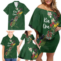 Kia Ora New Zealand Floral Personalized Family Matching Off Shoulder Short Dress and Hawaiian Shirt Sage Green - Polynesian Pride