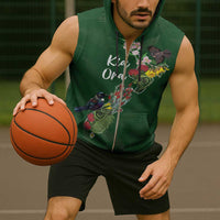 Kia Ora New Zealand Floral Personalized Sleeveless Zip Hoodie Sage Green - Polynesian Pride