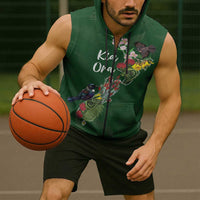Kia Ora New Zealand Floral Personalized Sleeveless Zip Hoodie Sage Green LT7 - Polynesian Pride