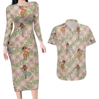 Beige Palaka Hula Girls Seamless Hawaii Aloha Couples Matching Long Sleeve Bodycon Dress and Hawaiian Shirt - Polynesian Pride