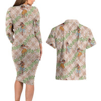 Beige Palaka Hula Girls Seamless Hawaii Aloha Couples Matching Long Sleeve Bodycon Dress and Hawaiian Shirt - Polynesian Pride