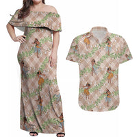 Beige Palaka Hula Girls Seamless Hawaii Aloha Couples Matching Off Shoulder Maxi Dress and Hawaiian Shirt - Polynesian Pride