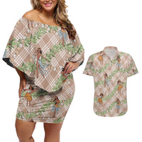 Beige Palaka Hula Girls Seamless Hawaii Aloha Couples Matching Off Shoulder Short Dress and Hawaiian Shirt - Polynesian Pride