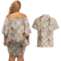 Beige Palaka Hula Girls Seamless Hawaii Aloha Couples Matching Off Shoulder Short Dress and Hawaiian Shirt - Polynesian Pride