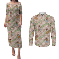 Beige Palaka Hula Girls Seamless Hawaii Aloha Couples Matching Puletasi and Long Sleeve Button Shirt LT7 Beige - Polynesian Pride