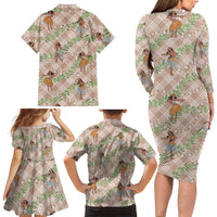 Beige Palaka Hula Girls Seamless Hawaii Aloha Family Matching Long Sleeve Bodycon Dress and Hawaiian Shirt LT7 - Polynesian Pride