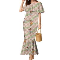 Beige Palaka Hula Girls Seamless Hawaii Aloha Family Matching Mermaid Dress and Hawaiian Shirt LT7 Mom's Dress Beige - Polynesian Pride