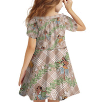 Beige Palaka Hula Girls Seamless Hawaii Aloha Family Matching Off The Shoulder Long Sleeve Dress and Hawaiian Shirt - Polynesian Pride