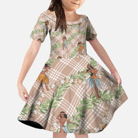 Beige Palaka Hula Girls Seamless Hawaii Aloha Family Matching Off Shoulder Maxi Dress and Hawaiian Shirt LT7 Daughter's Dress Beige - Polynesian Pride