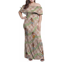 Beige Palaka Hula Girls Seamless Hawaii Aloha Family Matching Off Shoulder Maxi Dress and Hawaiian Shirt LT7 Mom's Dress Beige - Polynesian Pride