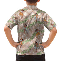 Beige Palaka Hula Girls Seamless Hawaii Aloha Family Matching Off Shoulder Short Dress and Hawaiian Shirt LT7 - Polynesian Pride