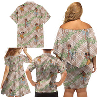 Beige Palaka Hula Girls Seamless Hawaii Aloha Family Matching Off Shoulder Short Dress and Hawaiian Shirt - Polynesian Pride