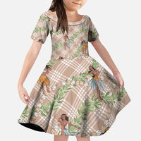 Beige Palaka Hula Girls Seamless Hawaii Aloha Family Matching Summer Maxi Dress and Hawaiian Shirt LT7 Daughter's Dress Beige - Polynesian Pride