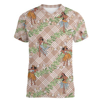 Beige Palaka Hula Girls Seamless Hawaii Aloha Women V-Neck T-Shirt LT7 Female Beige - Polynesian Pride