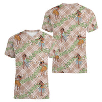 Beige Palaka Hula Girls Seamless Hawaii Aloha Women V-Neck T-Shirt LT7 - Polynesian Pride