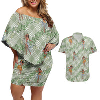 Mint Palaka Hula Girls Seamless Hawaii Aloha Couples Matching Off Shoulder Short Dress and Hawaiian Shirt LT7 Mint - Polynesian Pride