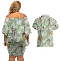 Mint Palaka Hula Girls Seamless Hawaii Aloha Couples Matching Off Shoulder Short Dress and Hawaiian Shirt LT7 - Polynesian Pride
