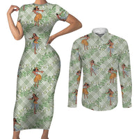 Mint Palaka Hula Girls Seamless Hawaii Aloha Couples Matching Short Sleeve Bodycon Dress and Long Sleeve Button Shirt LT7 Mint - Polynesian Pride