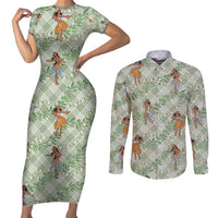Mint Palaka Hula Girls Seamless Hawaii Aloha Couples Matching Short Sleeve Bodycon Dress and Long Sleeve Button Shirt - Polynesian Pride