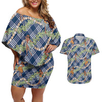Navy Blue Palaka Hula Girls Seamless Hawaii Aloha Couples Matching Off Shoulder Short Dress and Hawaiian Shirt LT7 Navy Blue - Polynesian Pride