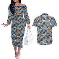 Navy Blue Palaka Hula Girls Seamless Hawaii Aloha Couples Matching Off The Shoulder Long Sleeve Dress and Hawaiian Shirt - Polynesian Pride