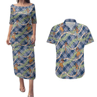 Navy Blue Palaka Hula Girls Seamless Hawaii Aloha Couples Matching Puletasi and Hawaiian Shirt LT7 Navy Blue - Polynesian Pride
