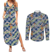 Navy Blue Palaka Hula Girls Seamless Hawaii Aloha Couples Matching Summer Maxi Dress and Long Sleeve Button Shirt LT7 Navy Blue - Polynesian Pride