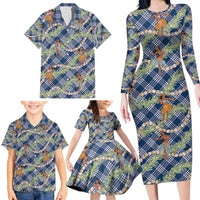 Navy Blue Palaka Hula Girls Seamless Hawaii Aloha Family Matching Long Sleeve Bodycon Dress and Hawaiian Shirt - Polynesian Pride