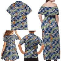 Navy Blue Palaka Hula Girls Seamless Hawaii Aloha Family Matching Off Shoulder Maxi Dress and Hawaiian Shirt - Polynesian Pride