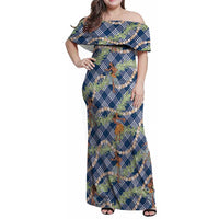 Navy Blue Palaka Hula Girls Seamless Hawaii Aloha Family Matching Off Shoulder Maxi Dress and Hawaiian Shirt - Polynesian Pride