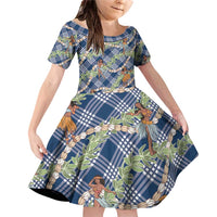 Navy Blue Palaka Hula Girls Seamless Hawaii Aloha Family Matching Off Shoulder Short Dress and Hawaiian Shirt LT7 Daughter's Dress Navy Blue - Polynesian Pride