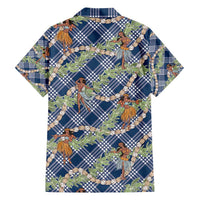 Navy Blue Palaka Hula Girls Seamless Hawaii Aloha Family Matching Off Shoulder Short Dress and Hawaiian Shirt - Polynesian Pride