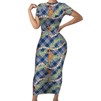 Navy Blue Palaka Hula Girls Seamless Hawaii Aloha Short Sleeve Bodycon Dress LT7 Long Dress Navy Blue - Polynesian Pride