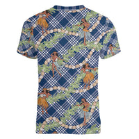 Navy Blue Palaka Hula Girls Seamless Hawaii Aloha Women V-Neck T-Shirt - Polynesian Pride