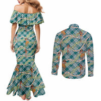 Teal Palaka Hula Girls Seamless Hawaii Aloha Couples Matching Mermaid Dress and Long Sleeve Button Shirt - Polynesian Pride
