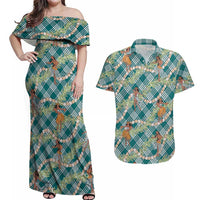 Teal Palaka Hula Girls Seamless Hawaii Aloha Couples Matching Off Shoulder Maxi Dress and Hawaiian Shirt LT7 Teal - Polynesian Pride