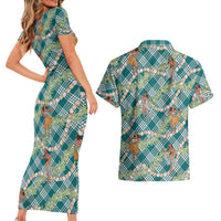 Teal Palaka Hula Girls Seamless Hawaii Aloha Couples Matching Short Sleeve Bodycon Dress and Hawaiian Shirt - Polynesian Pride