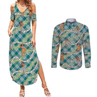 Teal Palaka Hula Girls Seamless Hawaii Aloha Couples Matching Summer Maxi Dress and Long Sleeve Button Shirt - Polynesian Pride