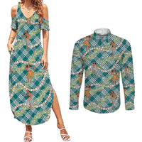 Teal Palaka Hula Girls Seamless Hawaii Aloha Couples Matching Summer Maxi Dress and Long Sleeve Button Shirt LT7 Teal - Polynesian Pride