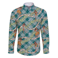 Teal Palaka Hula Girls Seamless Hawaii Aloha Family Matching Long Sleeve Bodycon Dress and Hawaiian Shirt - Polynesian Pride